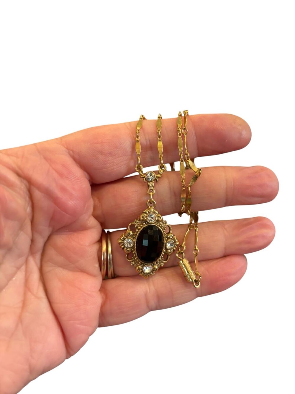 1928 Black Glass Pendant Necklace Gold Filigree Rhinestone Victorian Goth
